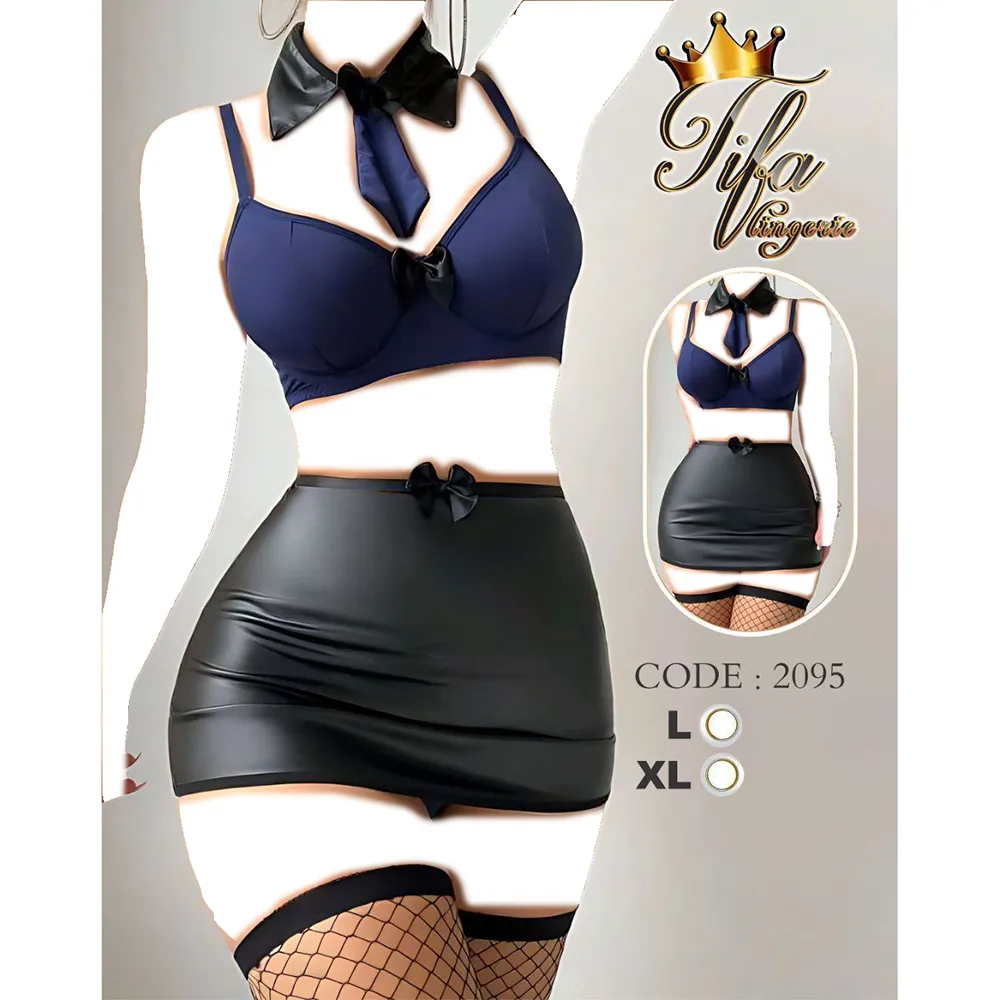 کاستوم دانش‌آموزی زنانه با سوتین فنردار و دامن کوتاه لاتکس