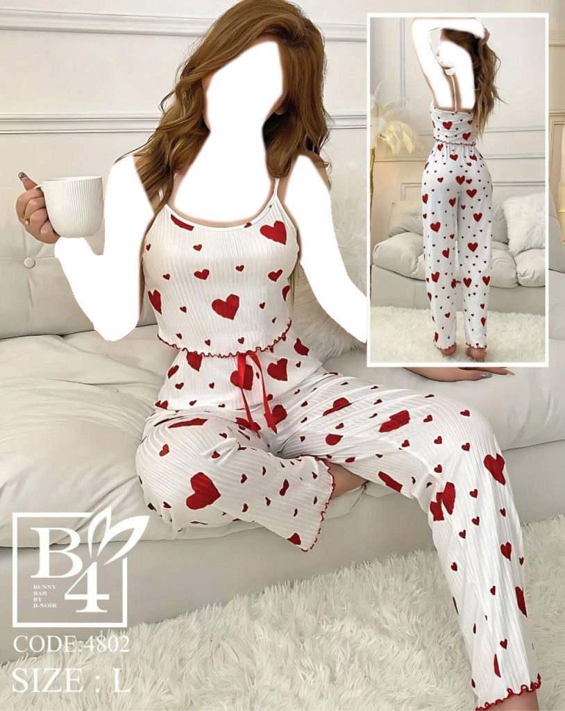 تاپ و شلوار نخی کبریتی طرح قلبی قرمز | وارداتی
