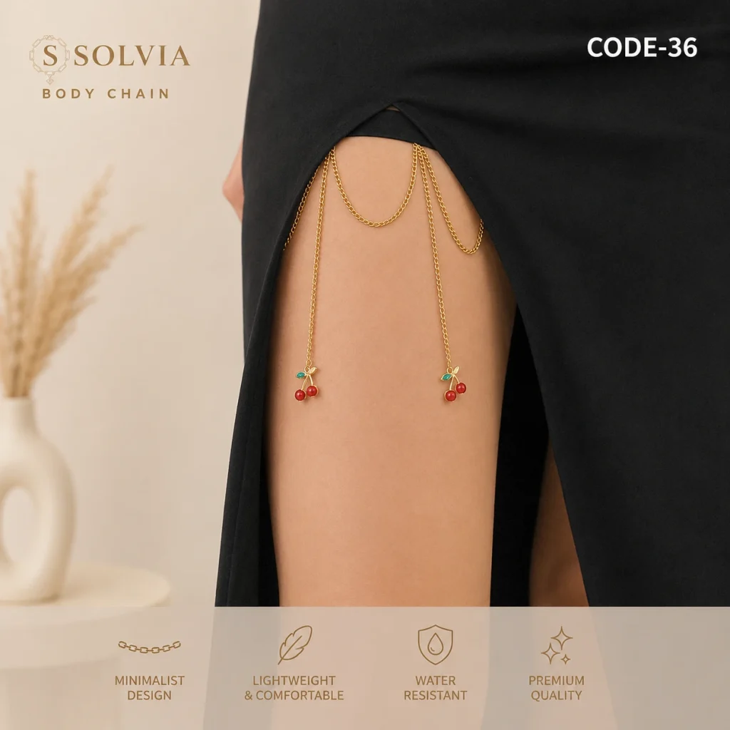 زنجیر ران پا زنانه طرح آلبالو تمام استیل طلایی 36 | SOLVIA