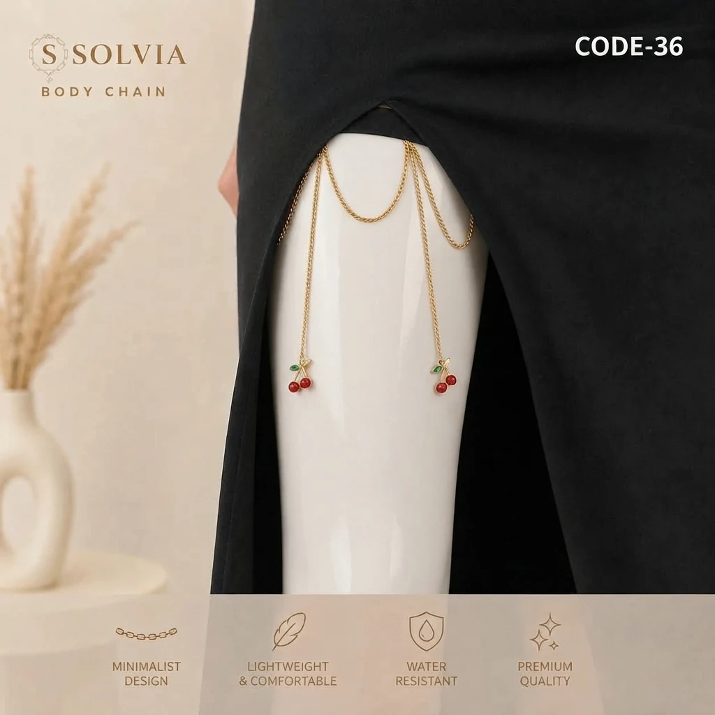 زنجیر ران پا زنانه طرح آلبالو تمام استیل طلایی 36 | SOLVIA