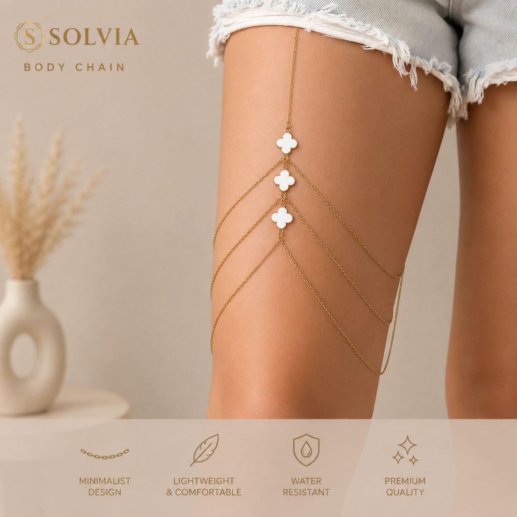 زنجیر ران پا زنانه نگین دار تمام استیل طلایی 42 | SOLVIA