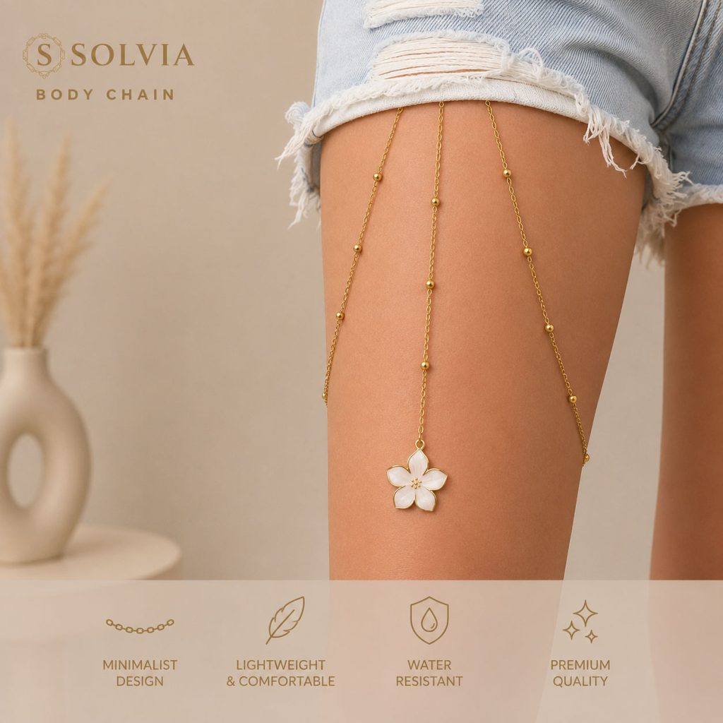 زنجیر ران پا زنانه نگین دار تمام استیل طلایی 48 | SOLVIA
