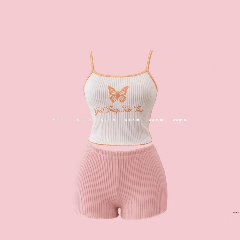 تاپ و شورتک نخی کبریتی طرح پروانه رنگ صورتی