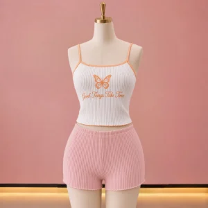 تاپ و شورتک نخی کبریتی طرح پراونه رنگ صورتی