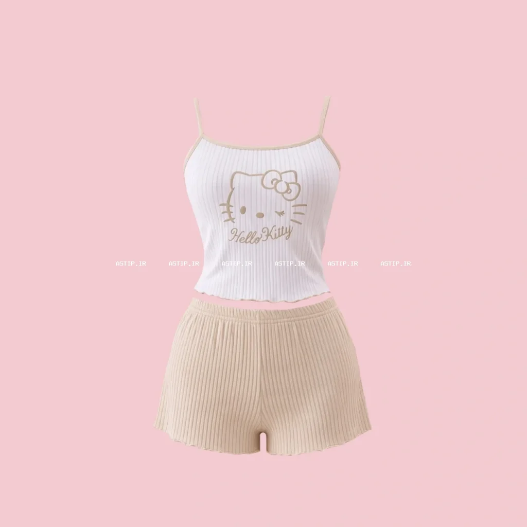 تاپ و شورتک نخی کبریتی طرح کیتی رنگ کرمی