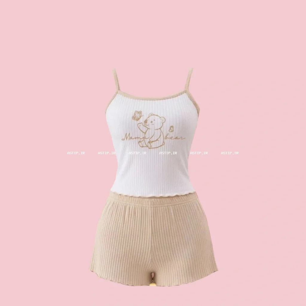 تاپ و شورتک نخی کبریتی طرح خرسی رنگ کرمی