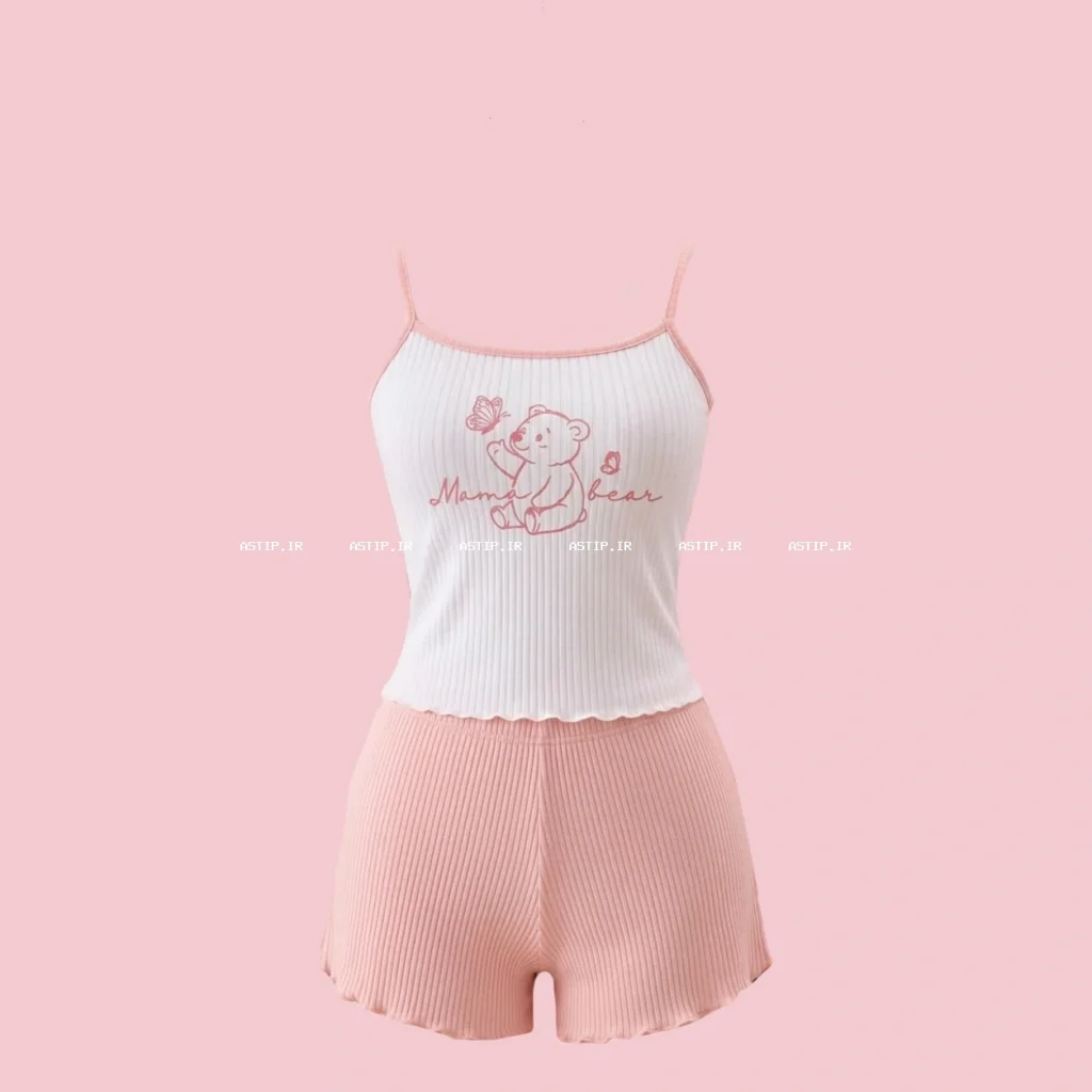 تاپ و شورتک نخی کبریتی طرح خرسی رنگ صورتی
