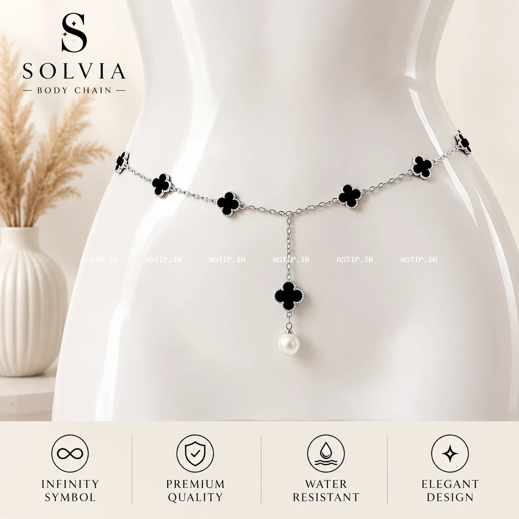 زنجیر کمر زنانه نگین دار مشکی تمام استیل 83 | SOLVIA